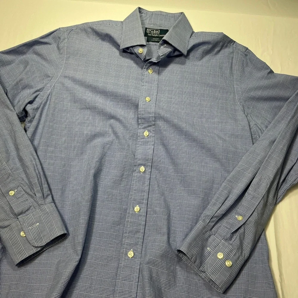 Polo by Ralph Lauren Regent Custom Fit Plaid Dress Shirt Blue Mens Size‎ 16-34